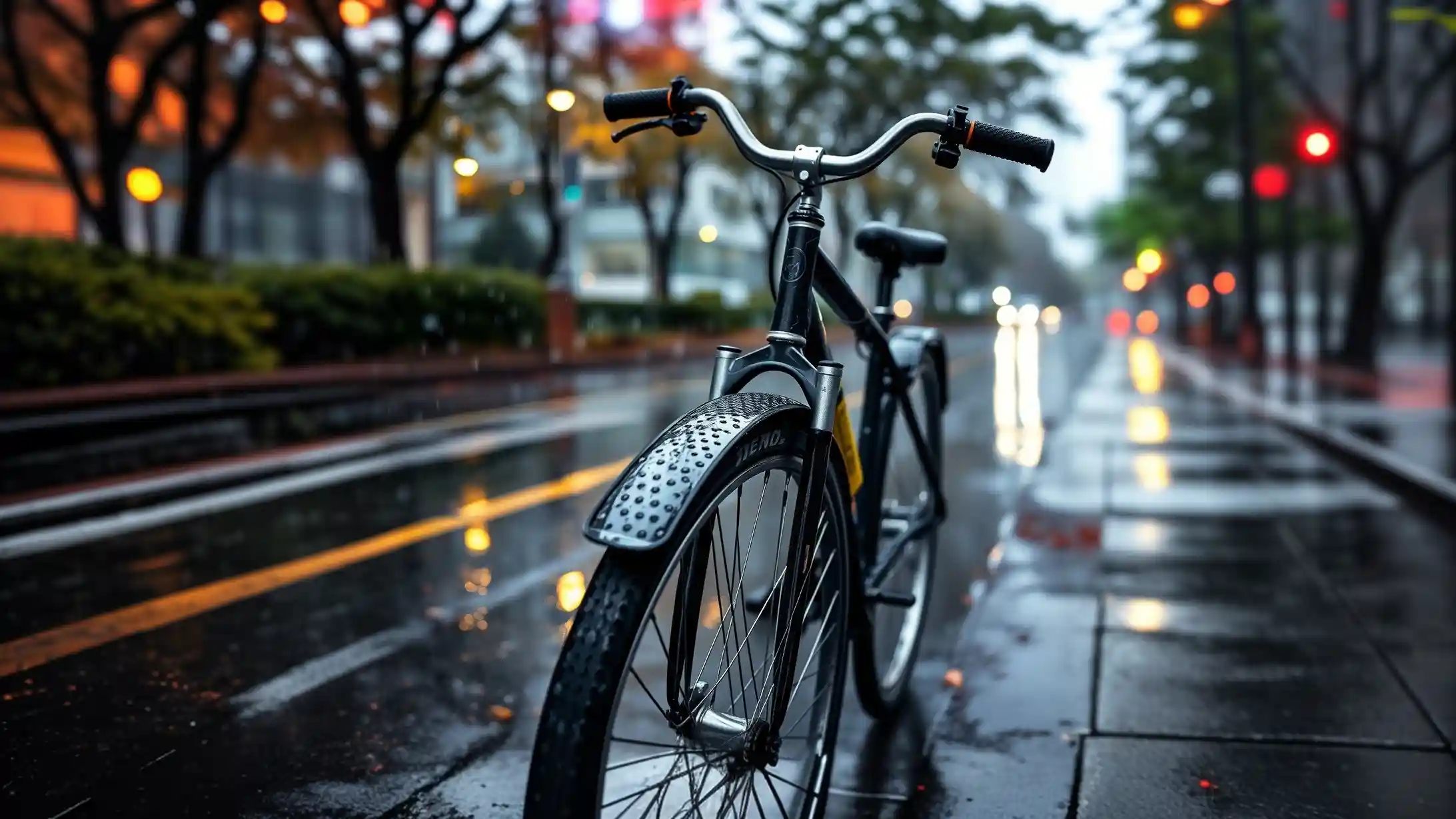 a bicycle with mudguard in rainy season