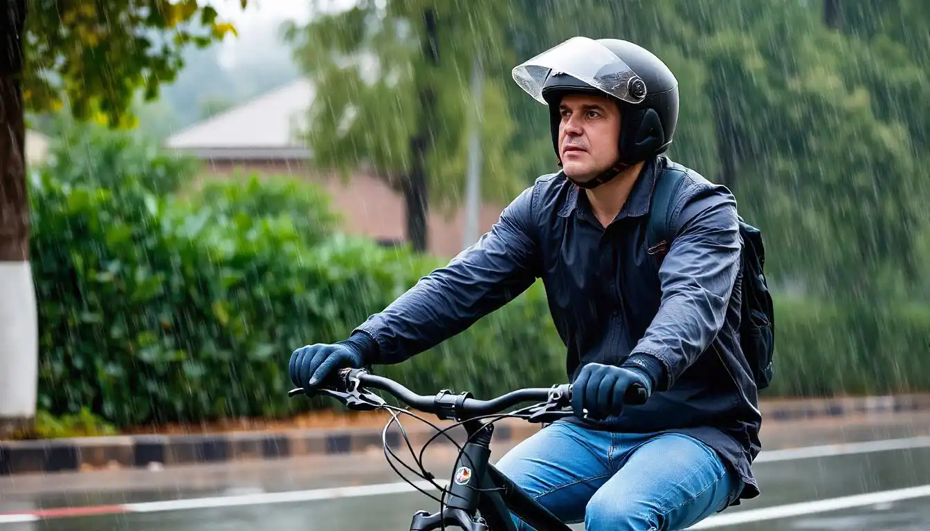a man in his bicycle with a clear visor helmet